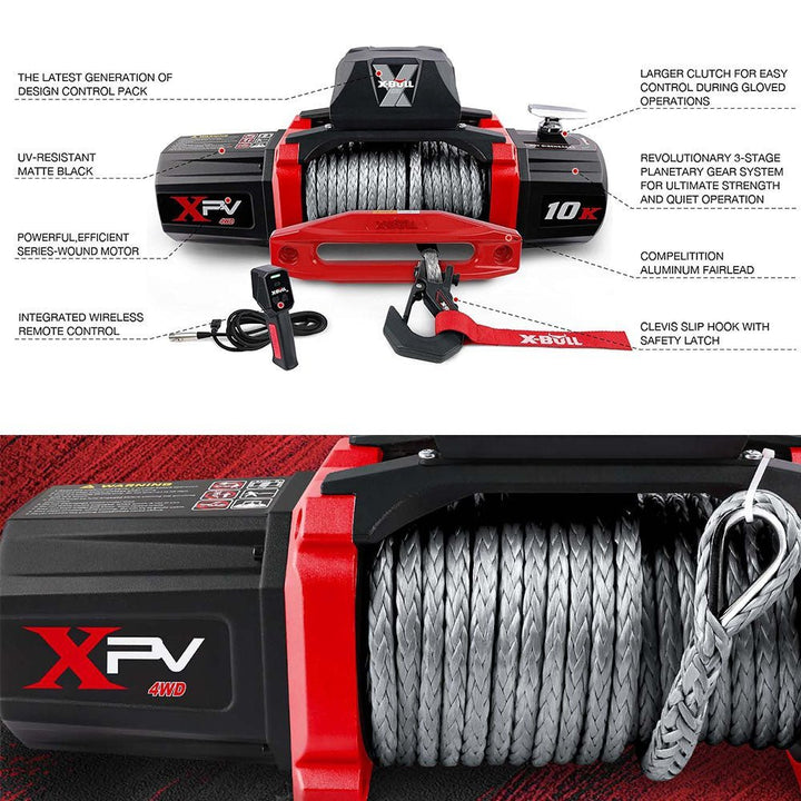 X - BULL Electric Winch XPV 10000 LBS 12V Synthetic Rope SUV Jeep Truck 4WD Grey