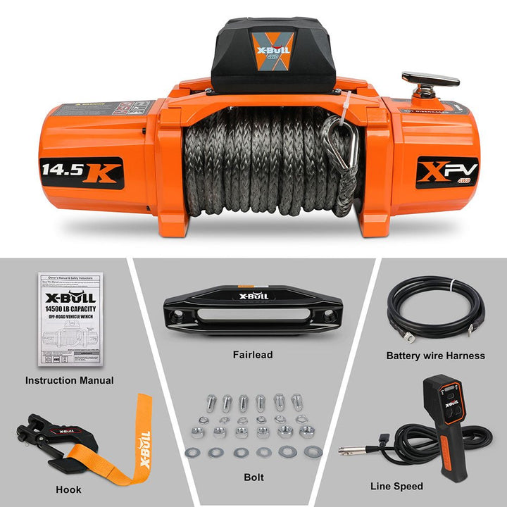 X - BULL Electric Winch XPV 14500 LBS 12V Synthetic Rope SUV Jeep Truck 4WD Orange