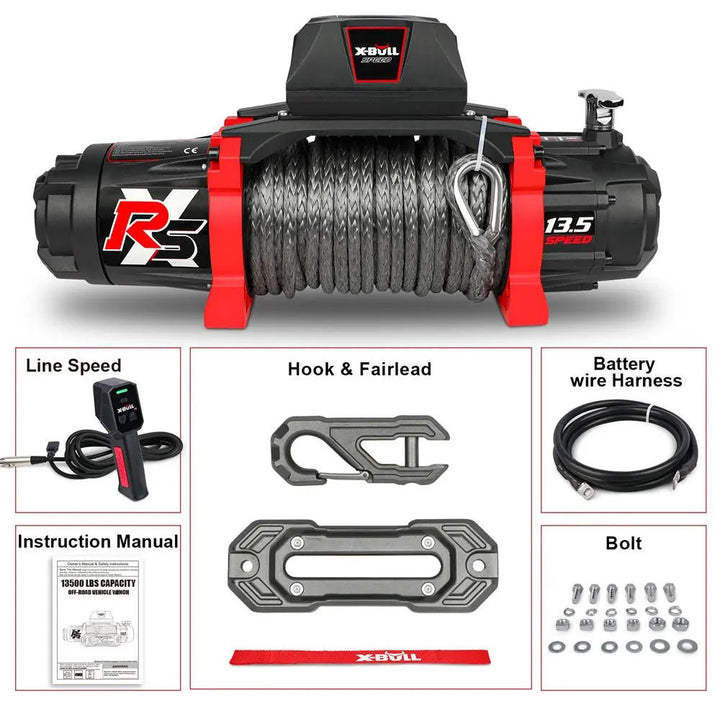 X-BULL Electric Winch XRS 13500 LBS 12V Synthetic Rope for Towing Truck Off Road with 2 in 1 Wireless Remote - X-BULL