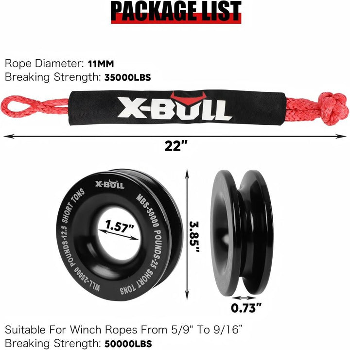 X - BULL Synthetic Soft Shackles 35,000lbs Max Breaking Strength 1/2 inch x 22 inch with Snatch Recovery Ring Kit