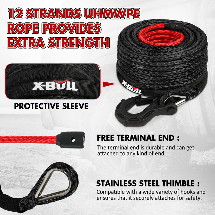 X-BULL Synthetic Winch Rope Kit 3/8" X 85ft 32000 LBS - Black