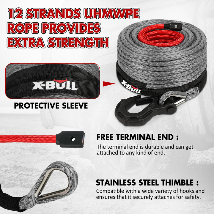 X-BULL Synthetic Winch Rope Kit 3/8" X 85ft 32000 LBS - Grey