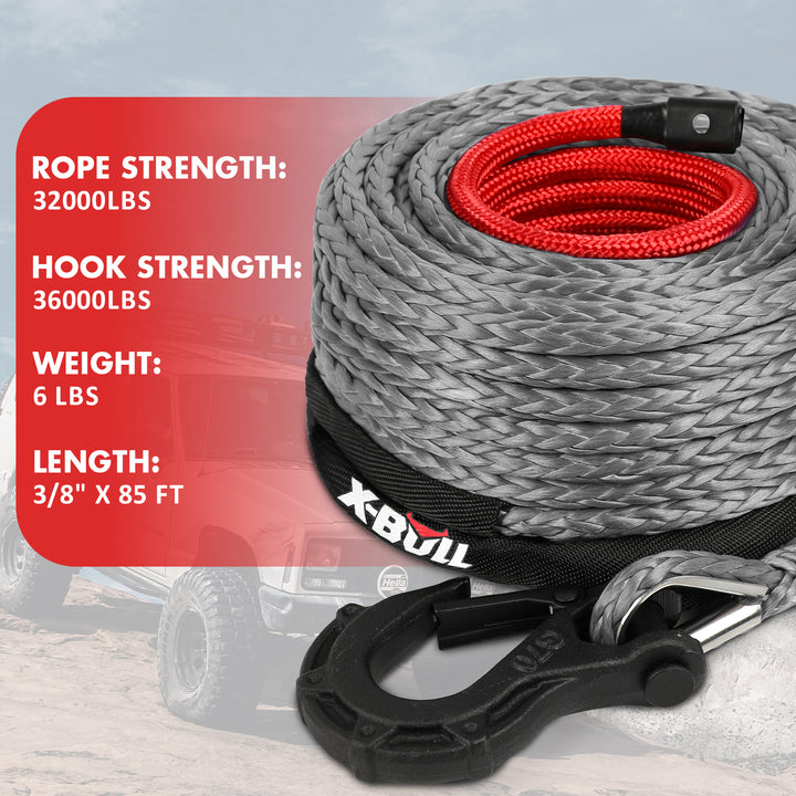 X-BULL Synthetic Winch Rope Kit 3/8" X 85ft 32000 LBS - Grey