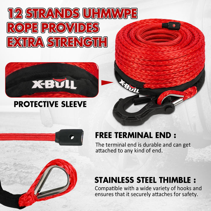 X-BULL Synthetic Winch Rope Kit 3/8" X 85ft 32000 LBS - Red